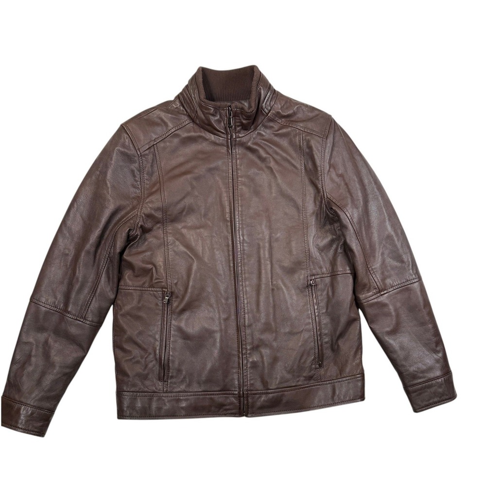 Peter Manning New York Brown Leather Jacket Mens Size 3 Tailored Zip Moto Bomber